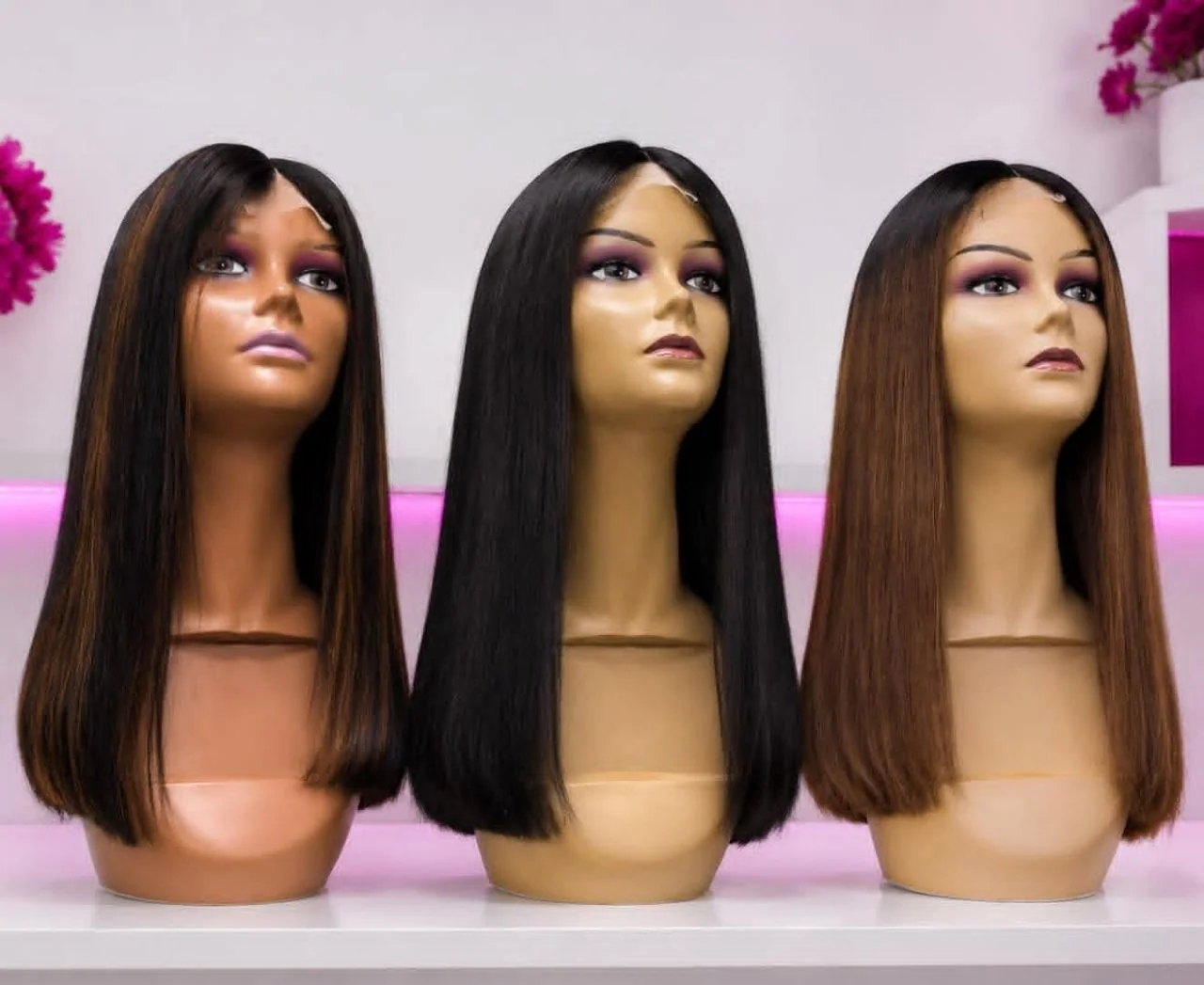 Luxurious human hair extensions displayed in a premium beauty salon setting